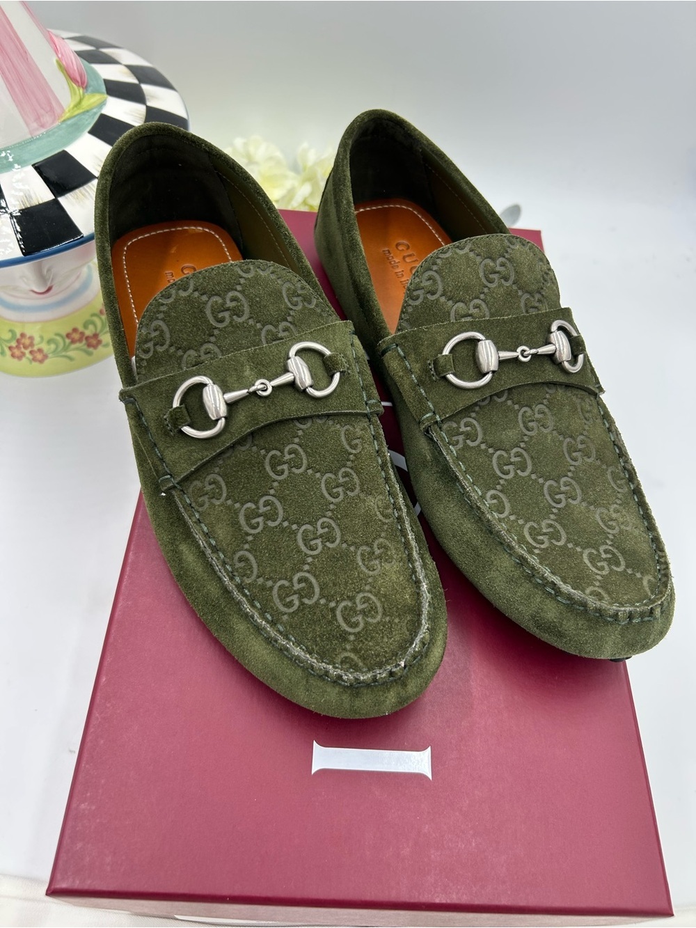 Men's Gucci GG embossed suede driver loafers size 9 fits 9.5 US made in Italy